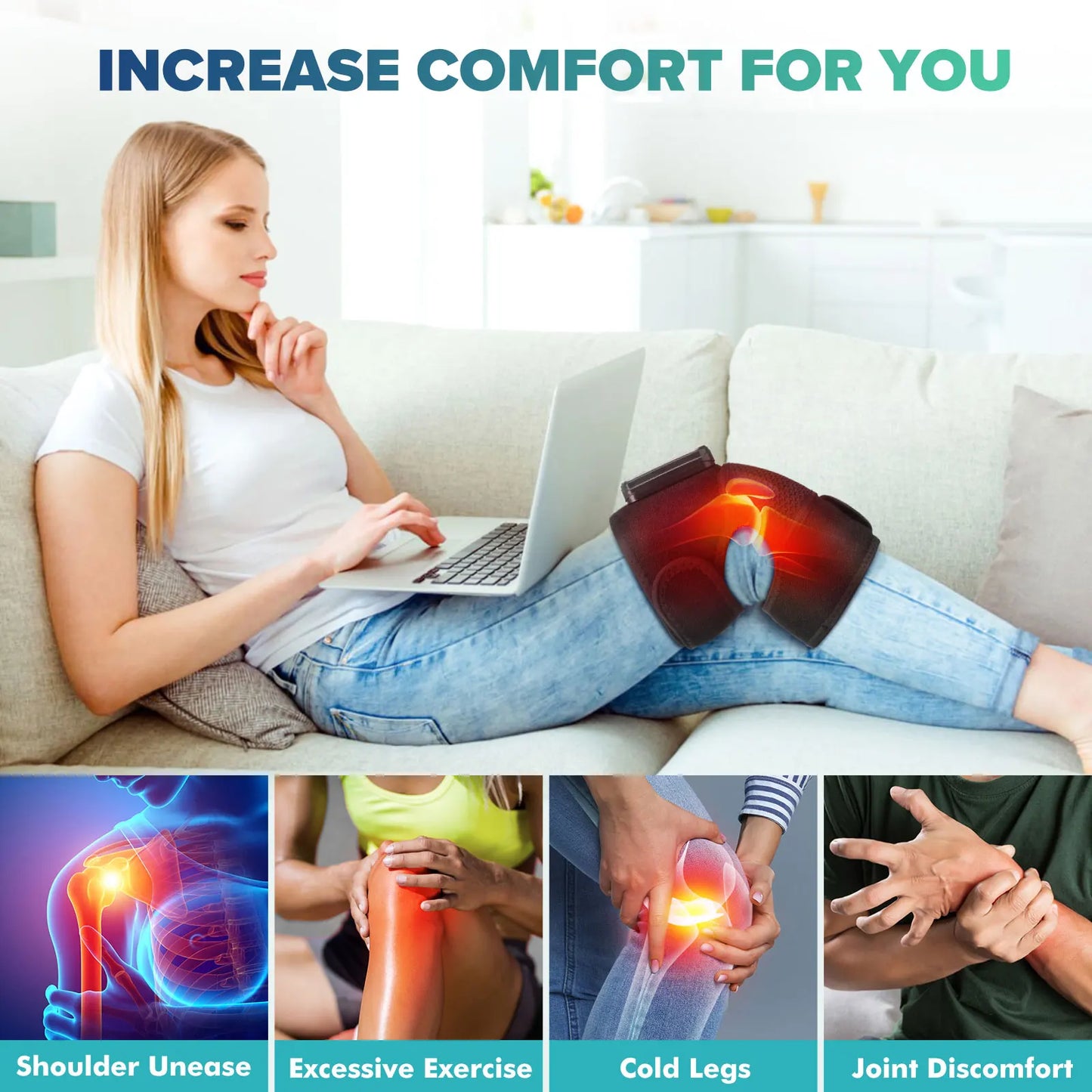Cordless Heated Knee Massager Pad with Vibration | 3 Heat Levels, 3 Massage Modes, 4000mAh Battery & Adjustable Joint Straps