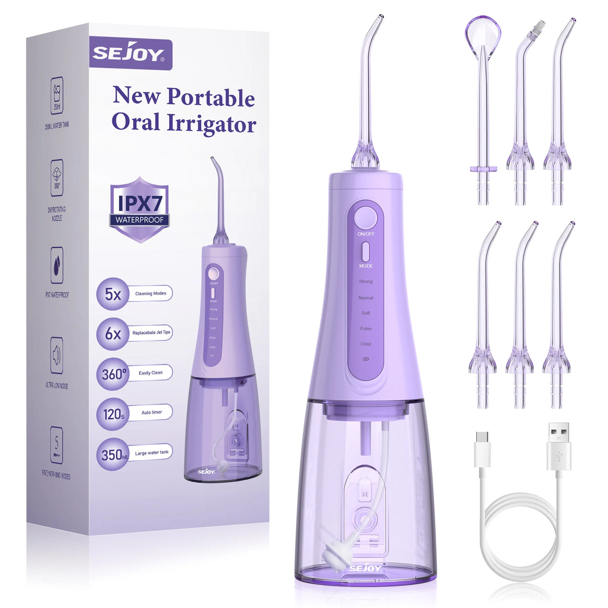 Cordless Water Flosser with 350 ml Tank, 5 Modes and USB-C Charging Purple