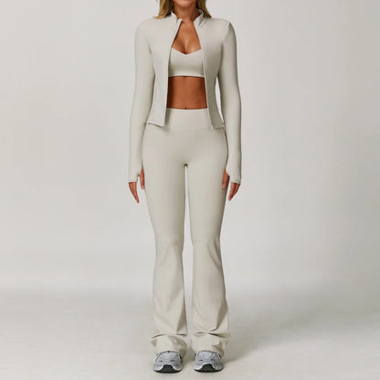 Seamless Yoga Set for Women | Long Sleeve Sports Bra and Leggings Workout Set with Breathable Stretch Fabric Grey Apricot 3PCS-1