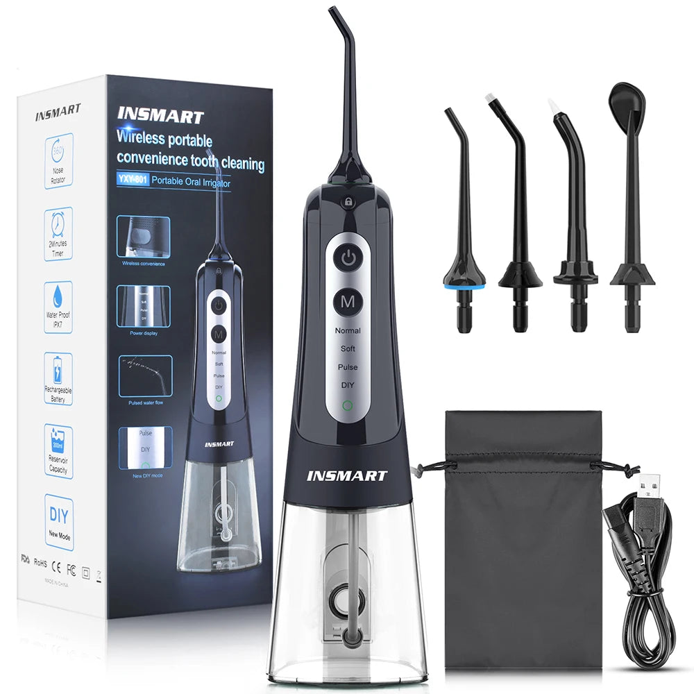 Cordless Water Flosser | Portable Oral Irrigator for Teeth & Gums | Rechargeable, IPX7 Waterproof, 4 Modes, 5 Tips | Deep Dental Cleaning Device Black Grey