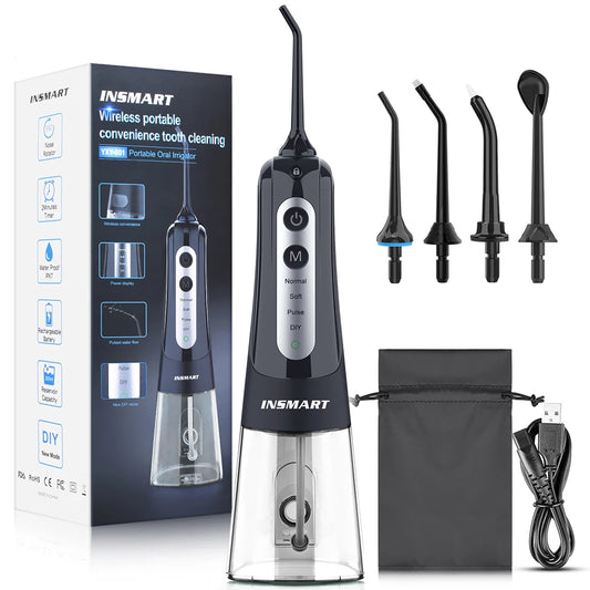 Cordless Water Flosser | Portable Oral Irrigator for Teeth & Gums | Rechargeable, IPX7 Waterproof, 4 Modes, 5 Tips | Deep Dental Cleaning Device Black Grey