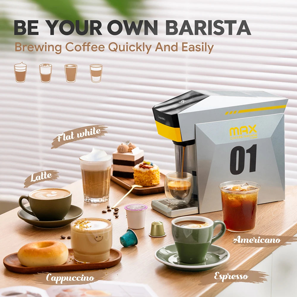 4-in-1 Capsule Coffee Machine for Nespresso, K-Cup & Dolce Gusto | 19-Bar Espresso Maker for Ground Coffee with Hot Water Mode