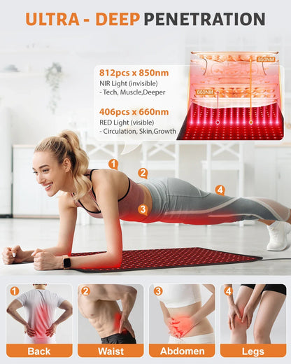 Red Light Therapy Pad | 406 LED 660nm 850nm Infrared Light Therapy Mat for Back, Waist & Body