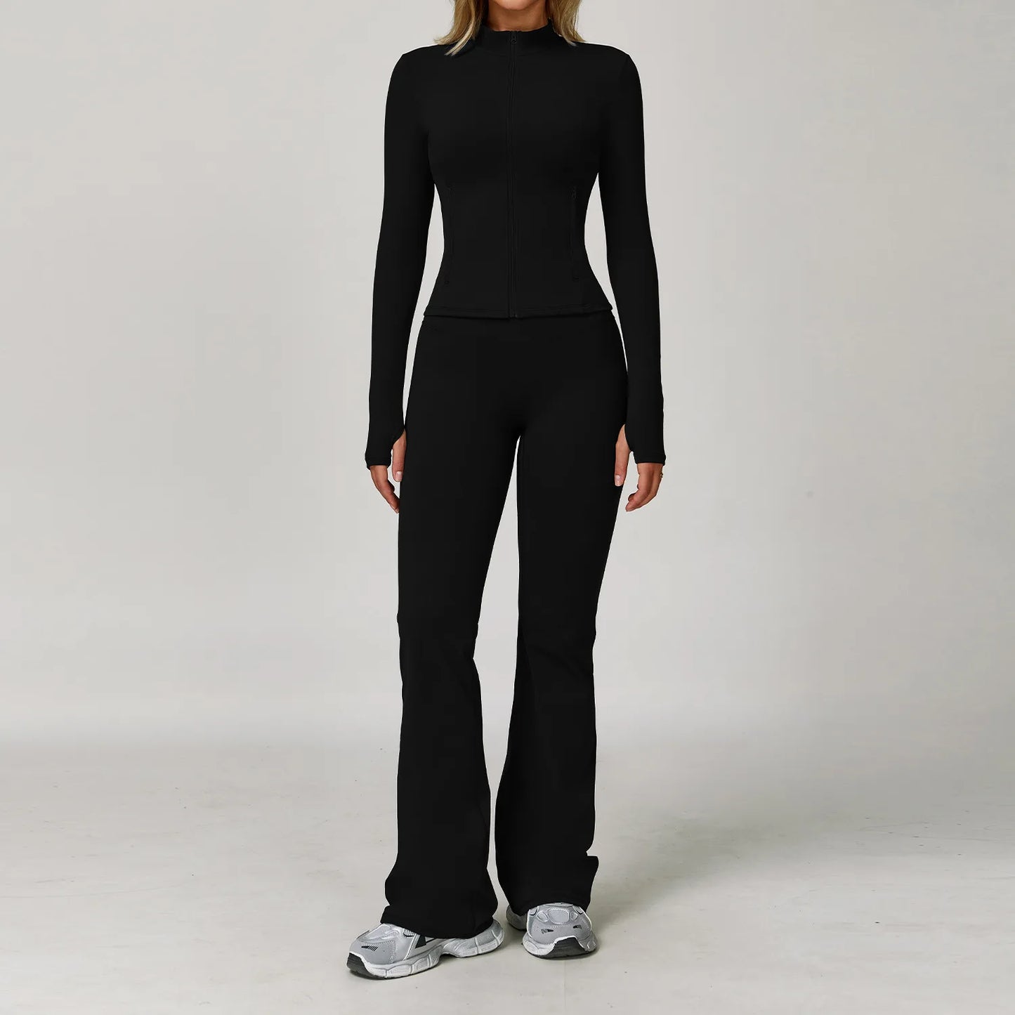 Seamless Yoga Set for Women | Long Sleeve Sports Bra and Leggings Workout Set with Breathable Stretch Fabric Black 2PCS-4