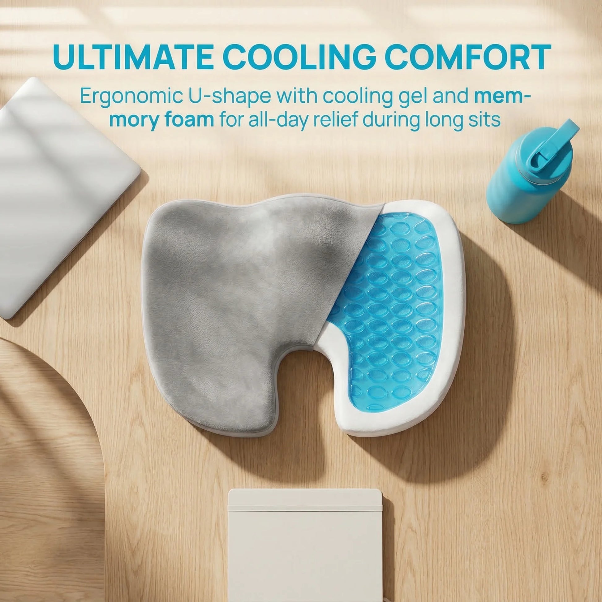 Cooling Gel Memory Foam Seat Cushion | Coccyx Cutout Office Chair Pillow with Non-Slip Base & Breathable Cover