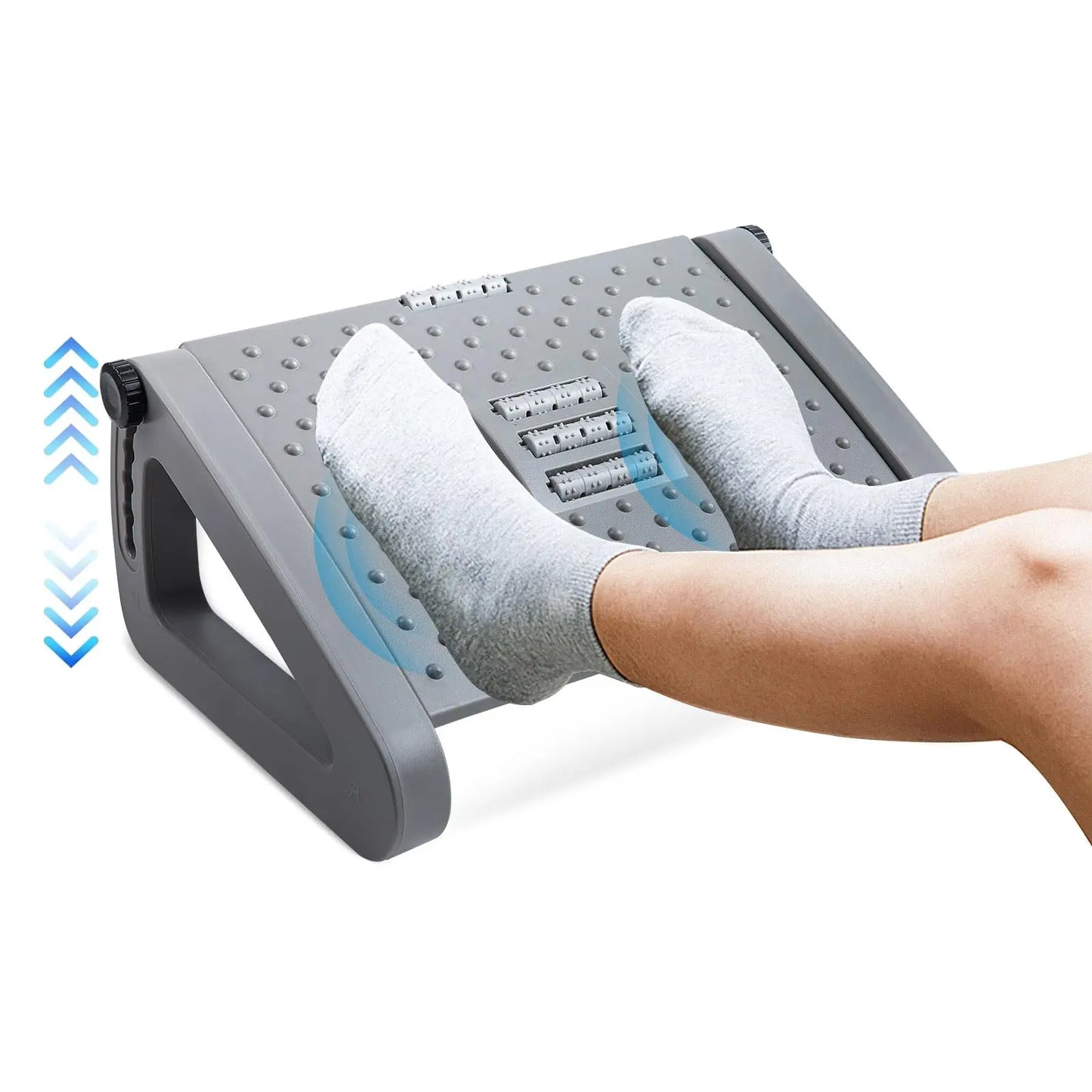 Adjustable Under Desk Foot Rest with Massage Rollers | 6 Height Levels, Tilting Platform & Non-Slip Office Foot Stool Grey
