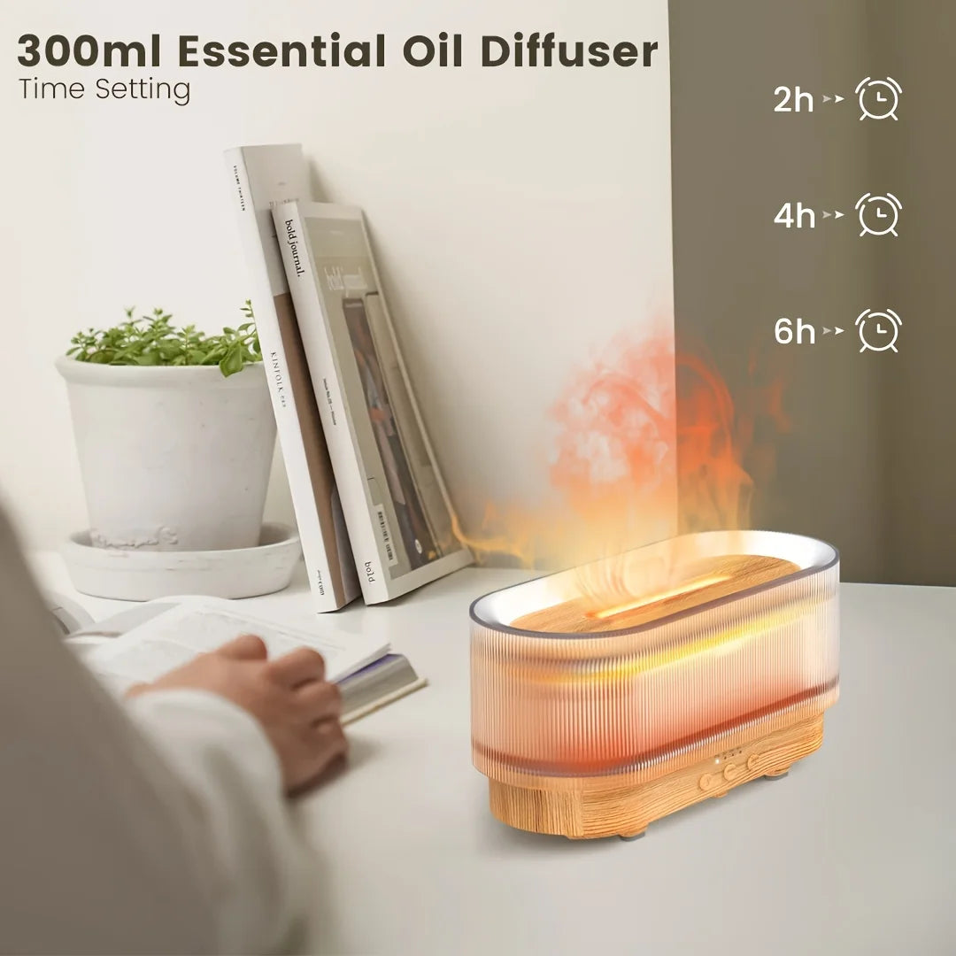 Flame Effect Essential Oil Diffuser 300ml | Ultrasonic Mist, LED Flames, 12H Runtime