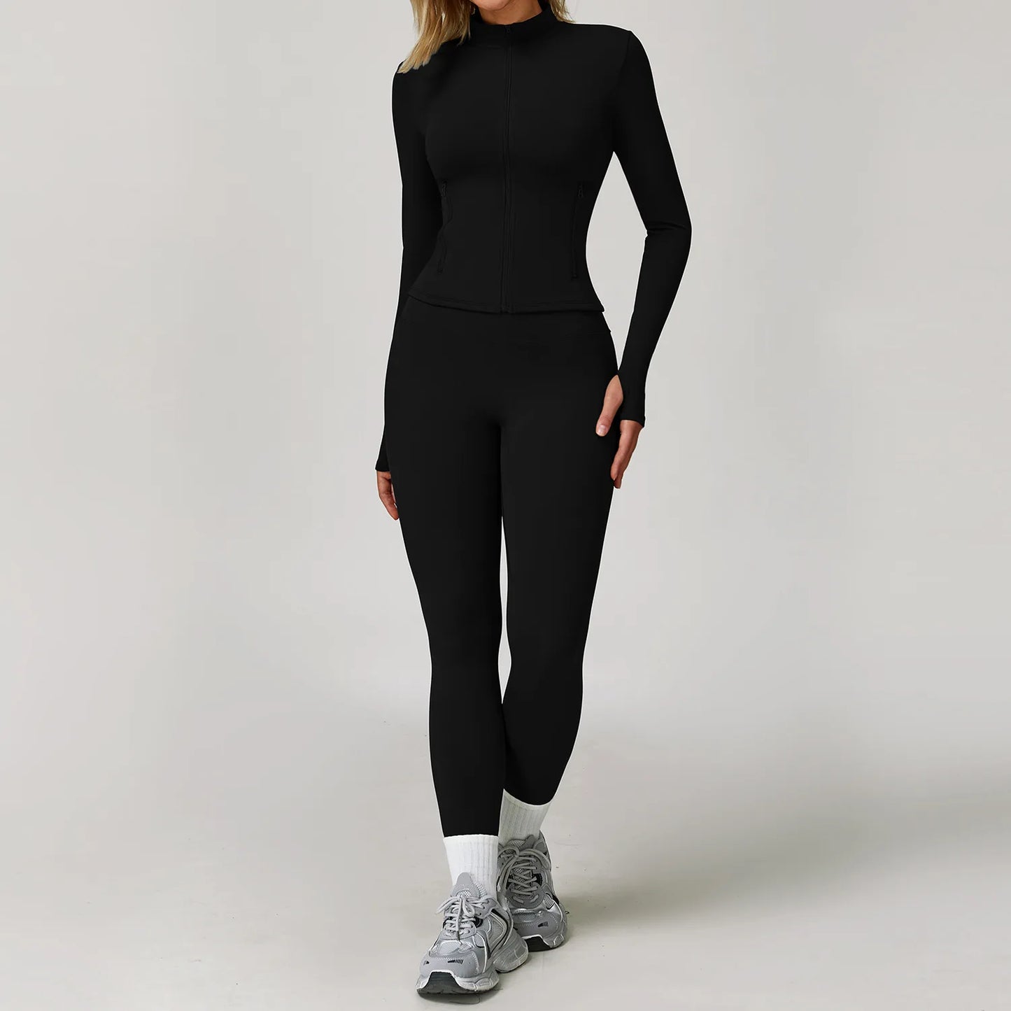 Seamless Yoga Set for Women | Long Sleeve Sports Bra and Leggings Workout Set with Breathable Stretch Fabric Black 2PCS-6