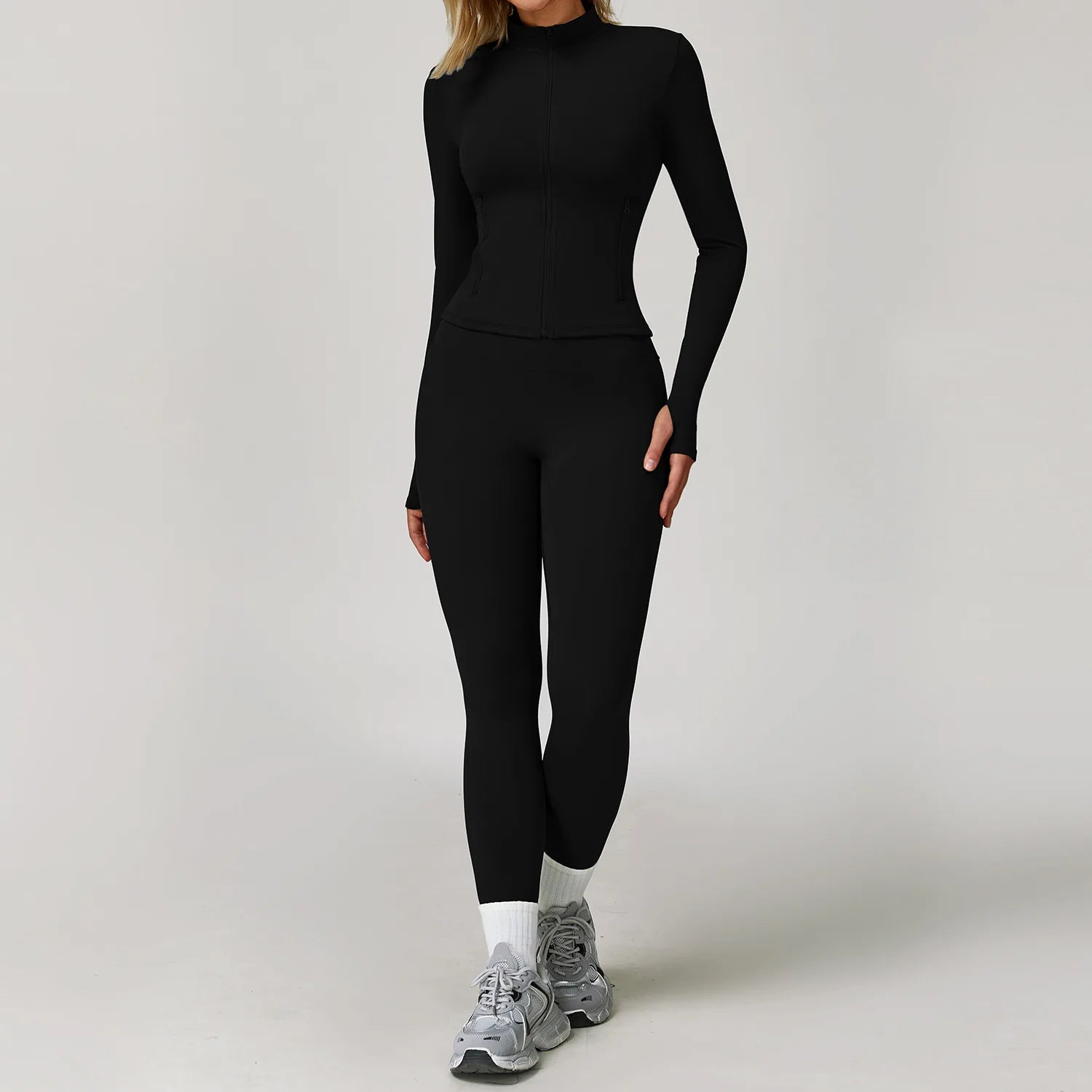 Seamless Yoga Set for Women | Long Sleeve Sports Bra and Leggings Workout Set with Breathable Stretch Fabric Black 2PCS-6