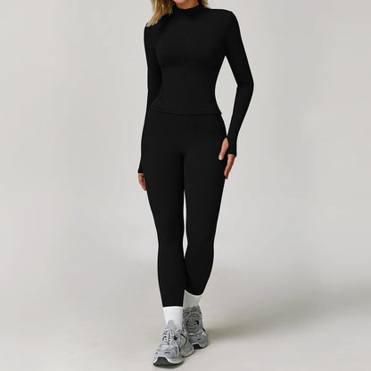 Seamless Yoga Set for Women | Long Sleeve Sports Bra and Leggings Workout Set with Breathable Stretch Fabric Black 2PCS-6