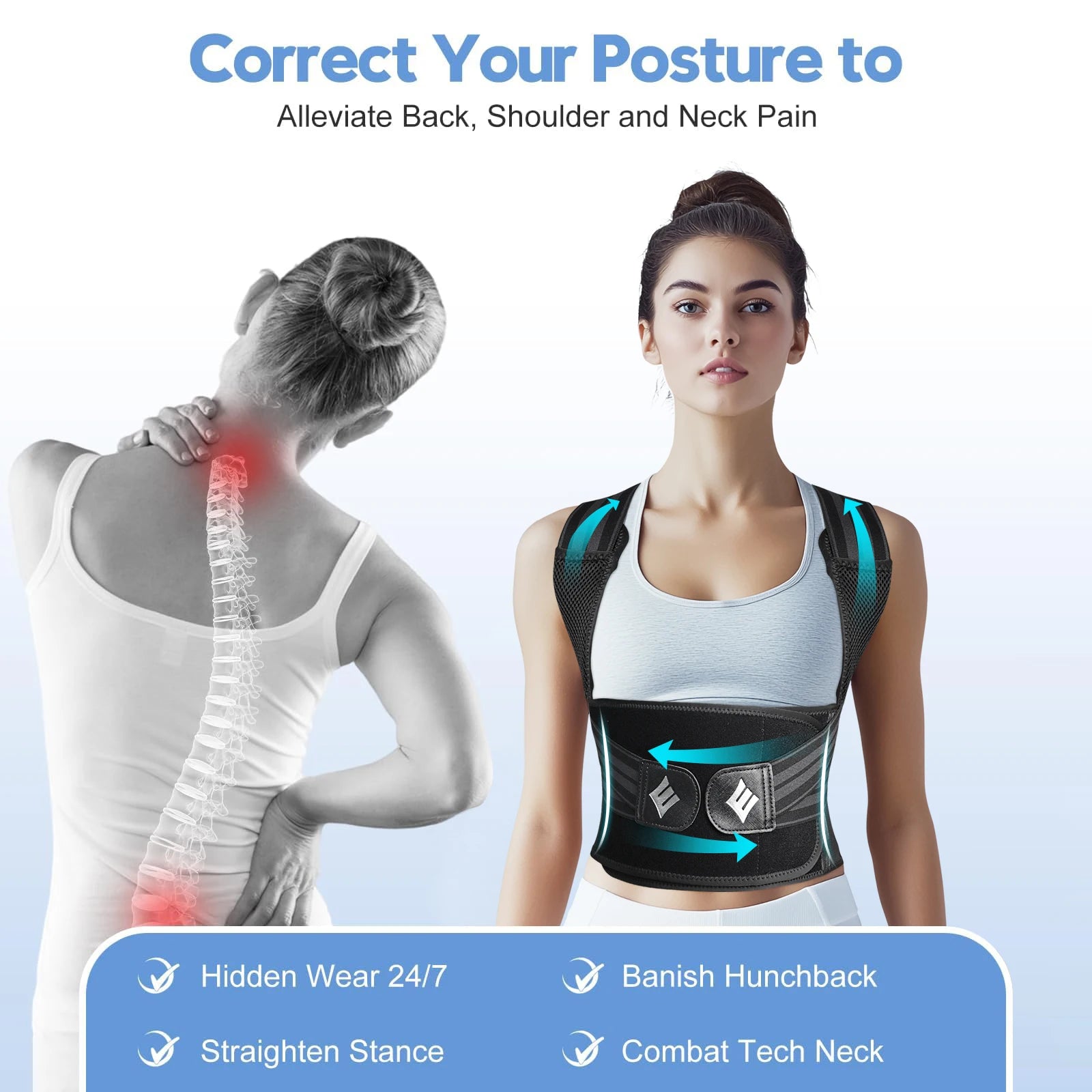 Posture Corrector Brace | Adjustable Back Support with Spine Alignment Rods for Back Pain, Slouching & Shoulder Support