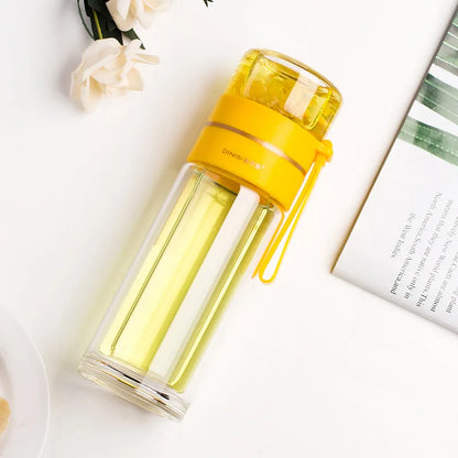 13.5 oz Glass Tea Infuser Bottle | Double-Wall Borosilicate Tumbler with Removable Stainless Steel Filter & Leak-Resistant Lid Yellow