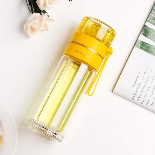 13.5 oz Glass Tea Infuser Bottle | Double-Wall Borosilicate Tumbler with Removable Stainless Steel Filter & Leak-Resistant Lid Yellow