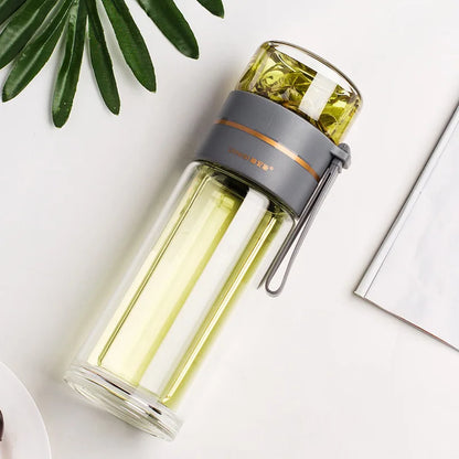 13.5 oz Glass Tea Infuser Bottle | Double-Wall Borosilicate Tumbler with Removable Stainless Steel Filter & Leak-Resistant Lid Grey