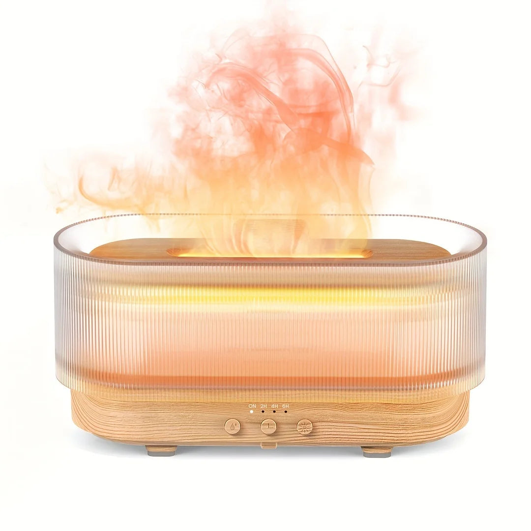 Flame Effect Essential Oil Diffuser 300ml | Ultrasonic Mist, LED Flames, 12H Runtime Wood