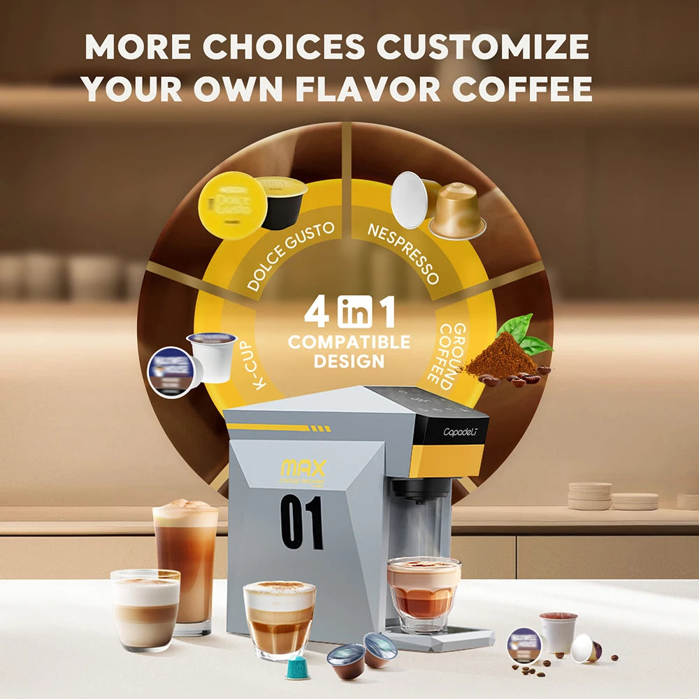 4-in-1 Capsule Coffee Machine for Nespresso, K-Cup & Dolce Gusto | 19-Bar Espresso Maker for Ground Coffee with Hot Water Mode