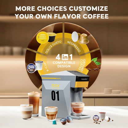 4-in-1 Capsule Coffee Machine for Nespresso, K-Cup & Dolce Gusto | 19-Bar Espresso Maker for Ground Coffee with Hot Water Mode