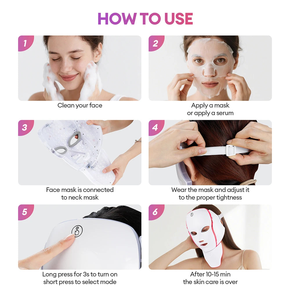 LED Face Mask with Neck Light Therapy | 7-Color Red Light Therapy Mask for Skin Firming, Wrinkles, Pores & Acne Care
