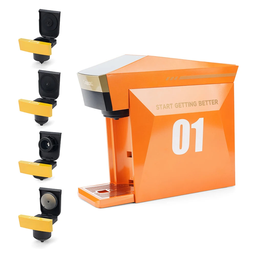 4-in-1 Capsule Coffee Machine for Nespresso, K-Cup & Dolce Gusto | 19-Bar Espresso Maker for Ground Coffee with Hot Water Mode Orange