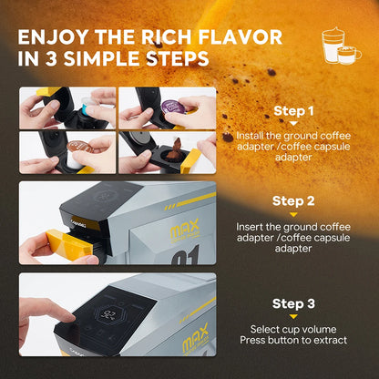 4-in-1 Capsule Coffee Machine for Nespresso, K-Cup & Dolce Gusto | 19-Bar Espresso Maker for Ground Coffee with Hot Water Mode
