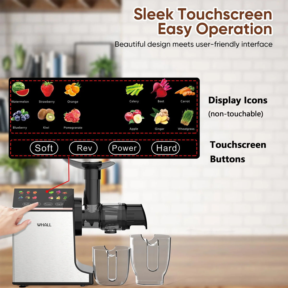 Cold Press Slow Masticating Juicer with Soft/Hard Modes, Touch Controls and Reverse