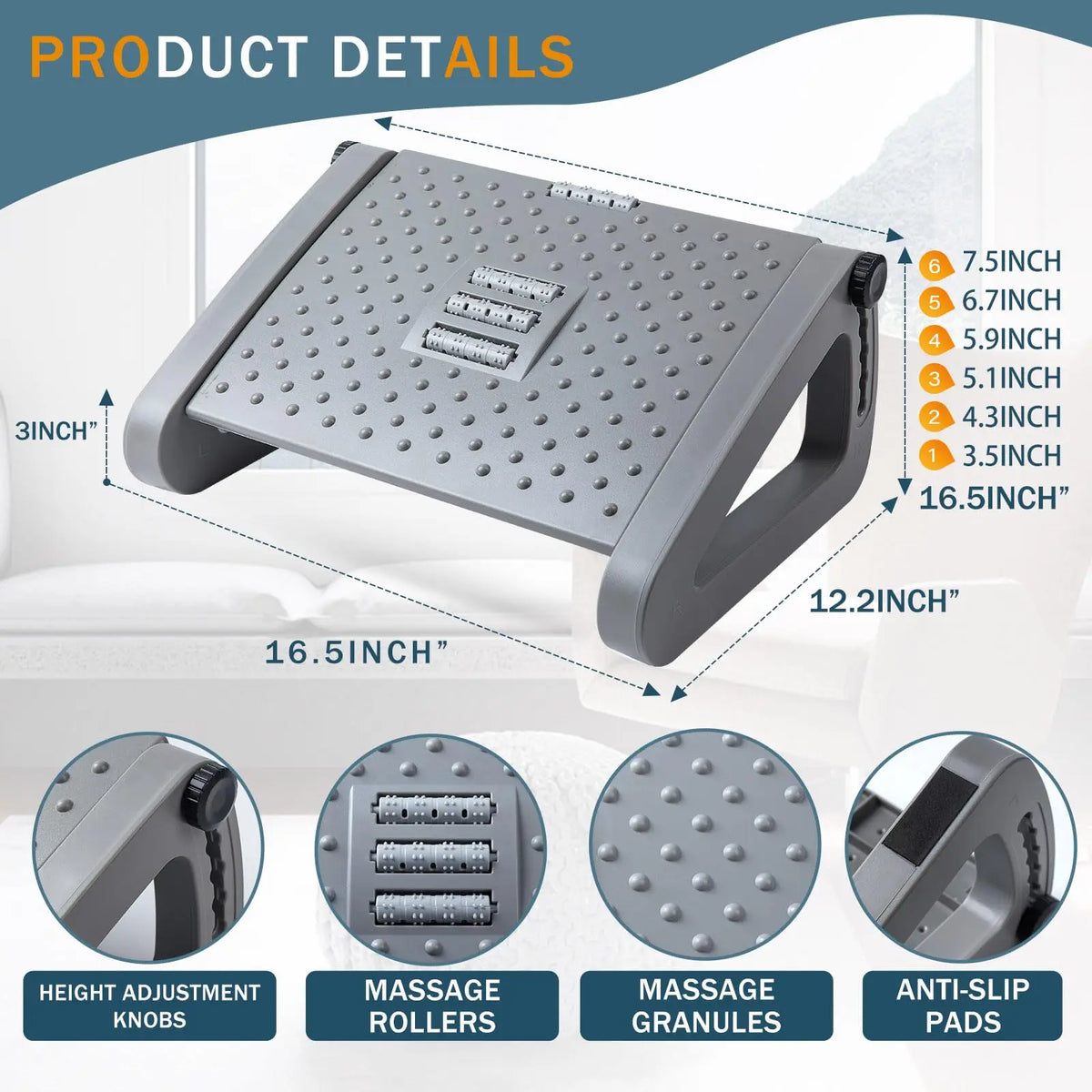 Adjustable Under Desk Foot Rest with Massage Rollers, 6 Heights