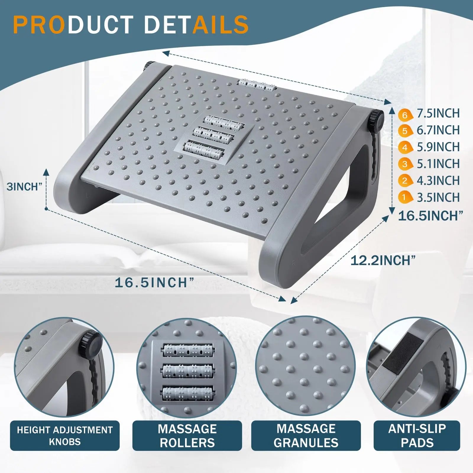 Adjustable Under Desk Foot Rest with Massage Rollers | 6 Height Levels, Tilting Platform & Non-Slip Office Foot Stool