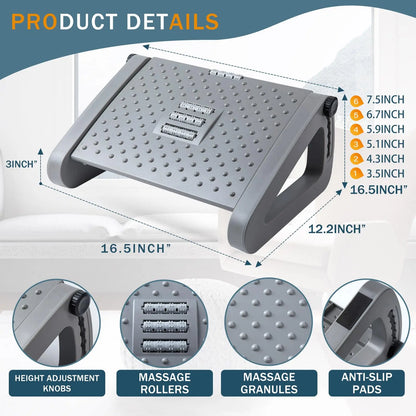 Adjustable Under Desk Foot Rest with Massage Rollers | 6 Height Levels, Tilting Platform & Non-Slip Office Foot Stool