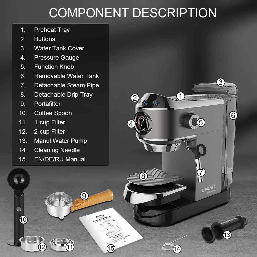Espresso Machine with Steam Wand and 1.1 L Tank, Optional Separate Grinder