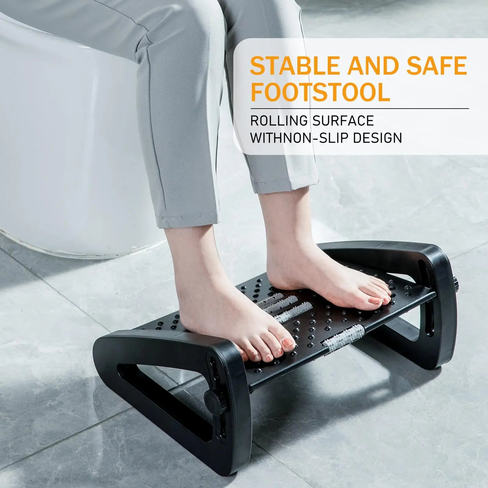 Adjustable Under Desk Foot Rest with Massage Rollers | 6 Height Levels, Tilting Platform & Non-Slip Office Foot Stool