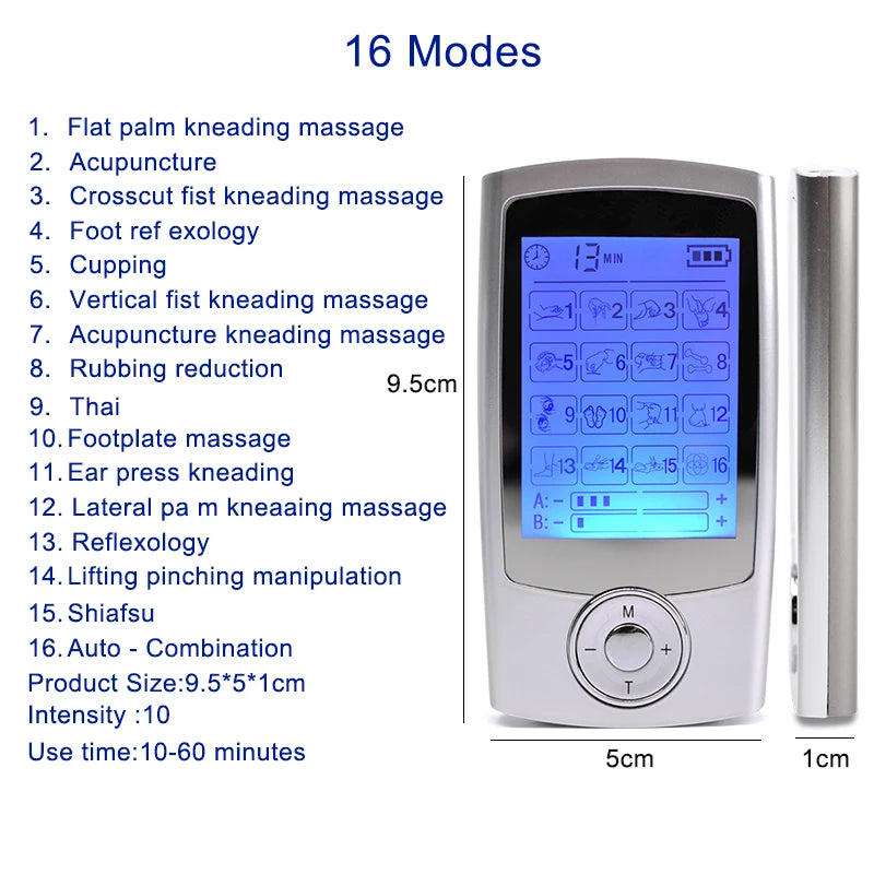 Portable TENS & EMS Pain Relief Massager | Dual Channel Muscle Stimulator with 16 Modes, 10 Intensity Levels, Rechargeable for Back & Neck Pain