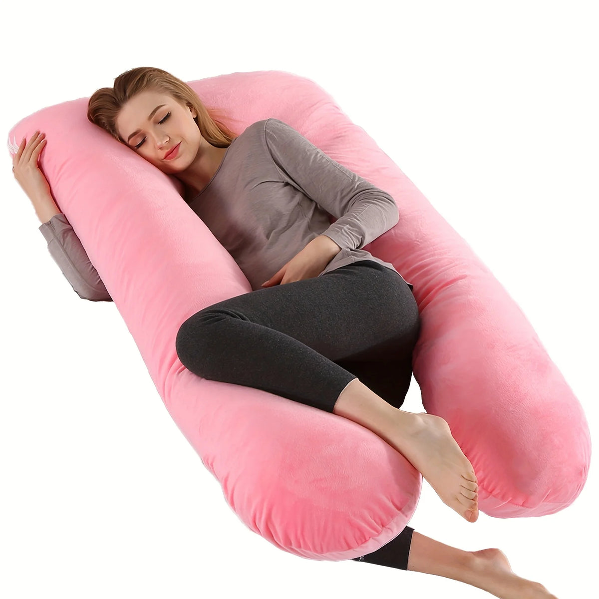 U-Shaped Body Pillow with Removable Fleece Cover pink