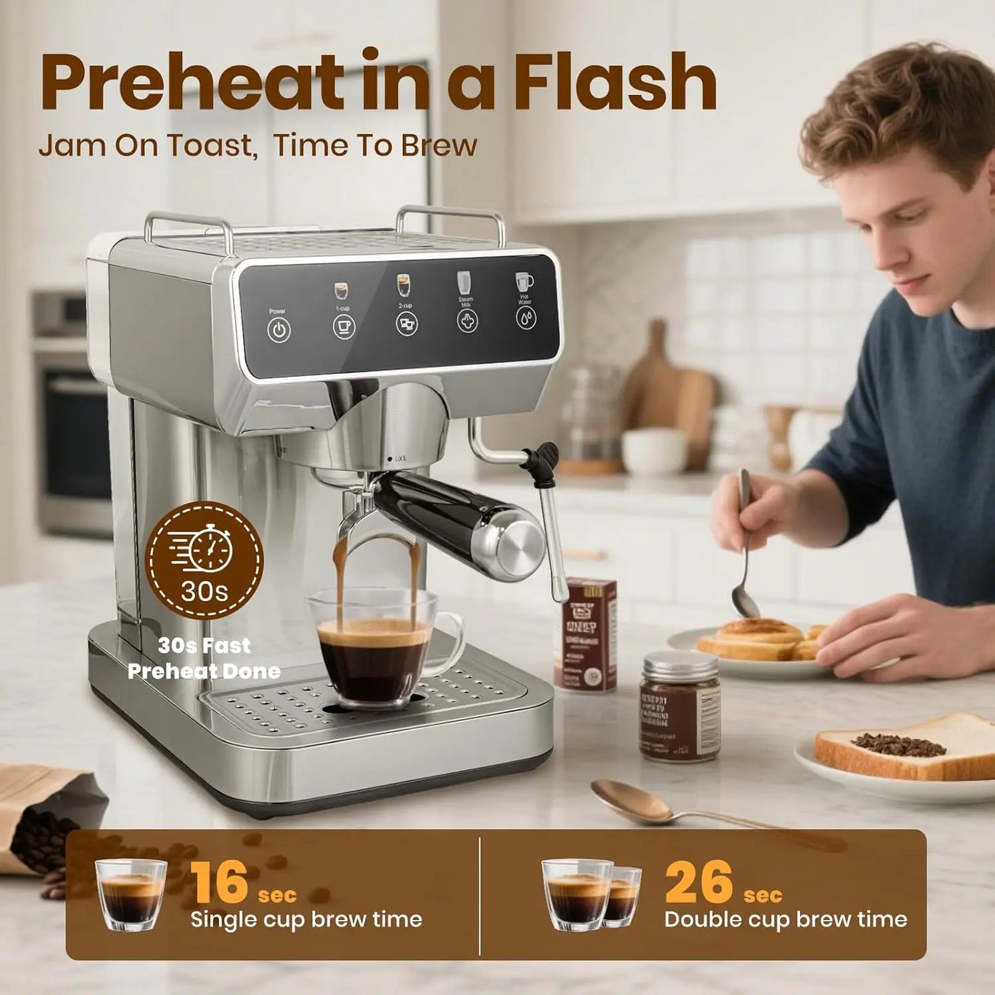 20-Bar Touch Screen Espresso Machine | Fast 13s Heat-Up, Milk Frother, Hot Water & Stainless Steel Design