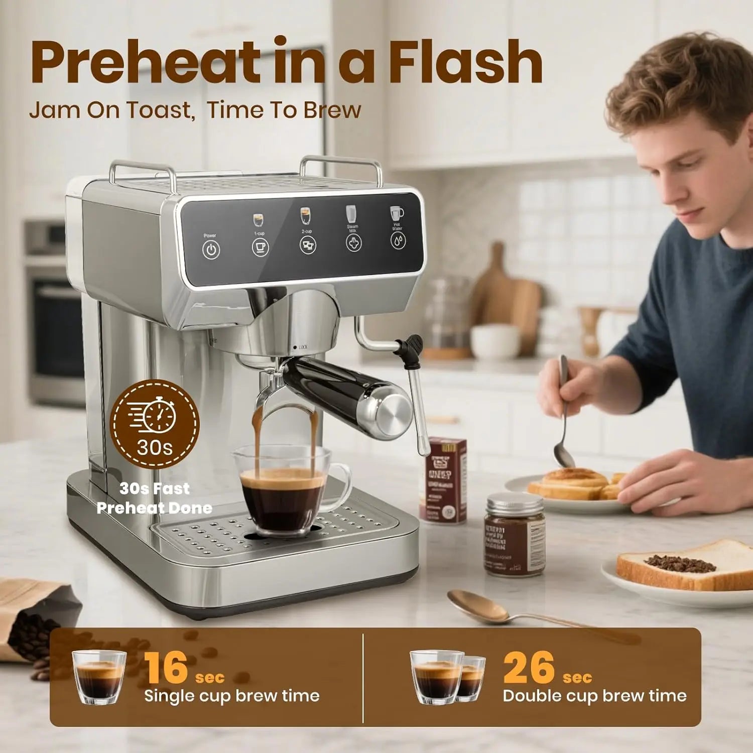 20-Bar Touch Screen Espresso Machine | Fast 13s Heat-Up, Milk Frother, Hot Water & Stainless Steel Design