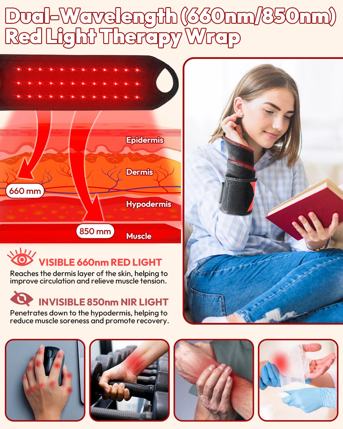 Red Light Therapy Wrap | Infrared Heating Pad with Vibration, 3 Heat Levels, USB-C Rechargeable & Adjustable Fit