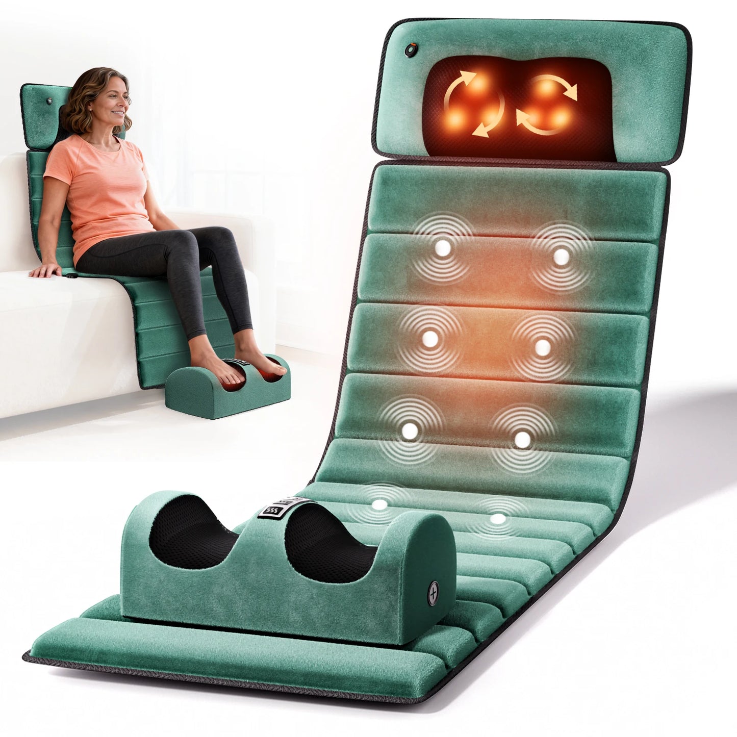 Full Body Massage Mat with Heat | 10 Vibration Motors, 9 Modes, Detachable Neck Pillow & Optional Foot Massager Mat + Foot Massager