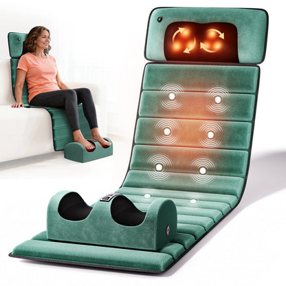 Full Body Massage Mat with Heat | 10 Vibration Motors, 9 Modes, Detachable Neck Pillow & Optional Foot Massager Mat + Foot Massager
