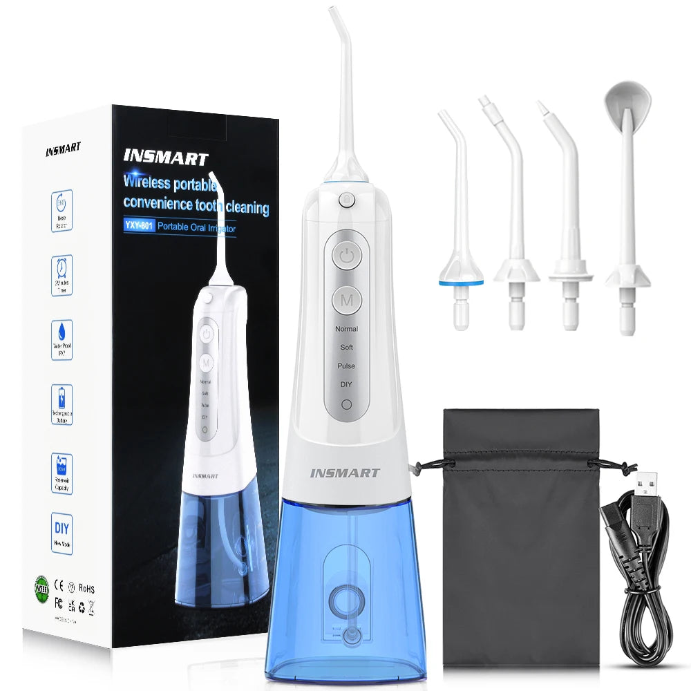 Cordless Water Flosser | Portable Oral Irrigator for Teeth & Gums | Rechargeable, IPX7 Waterproof, 4 Modes, 5 Tips | Deep Dental Cleaning Device White Sky