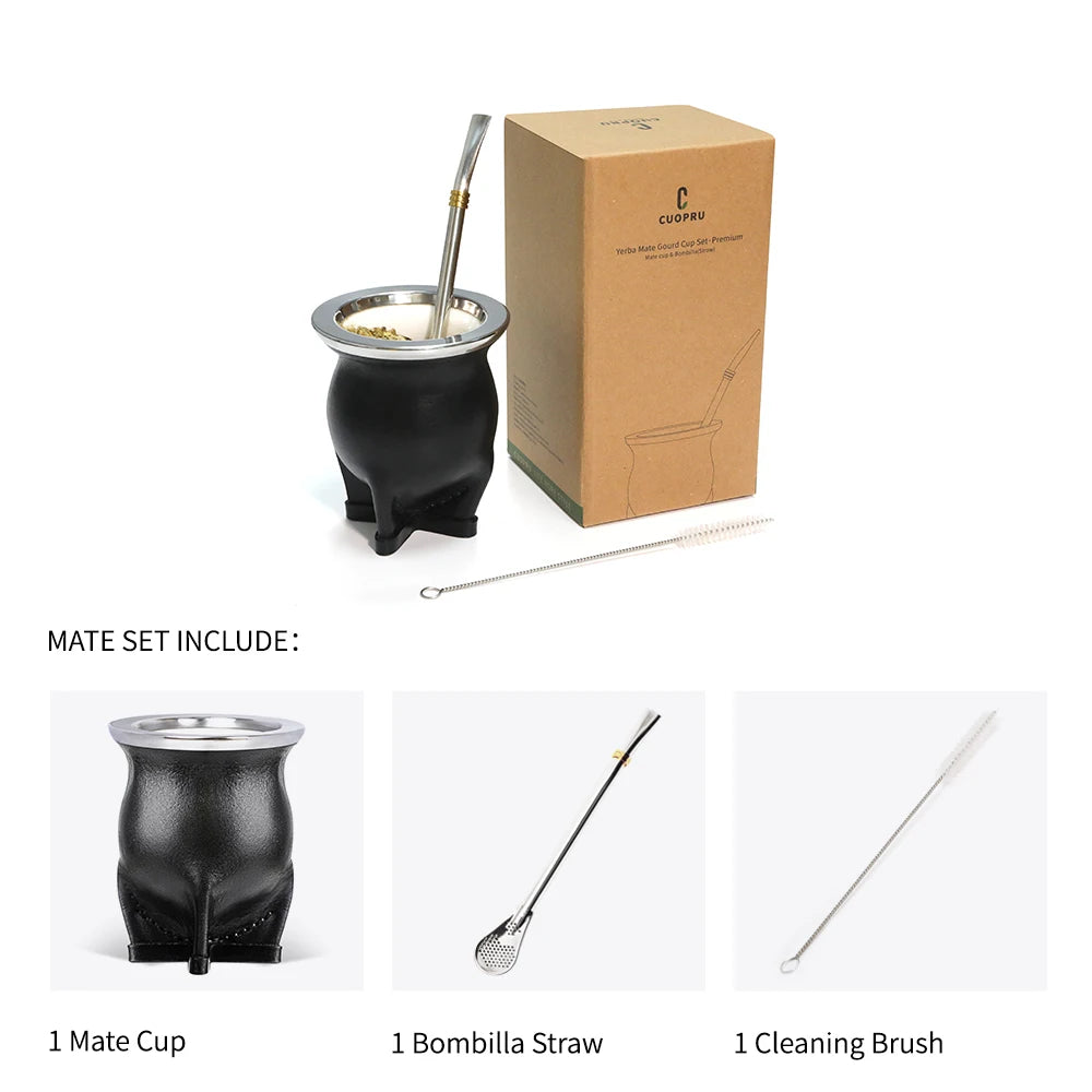 Ceramic Yerba Mate Gourd Cup | Porcelain Mate Tea Cup with Bombilla Straw & Cleaning Brush for Loose Leaf Tea