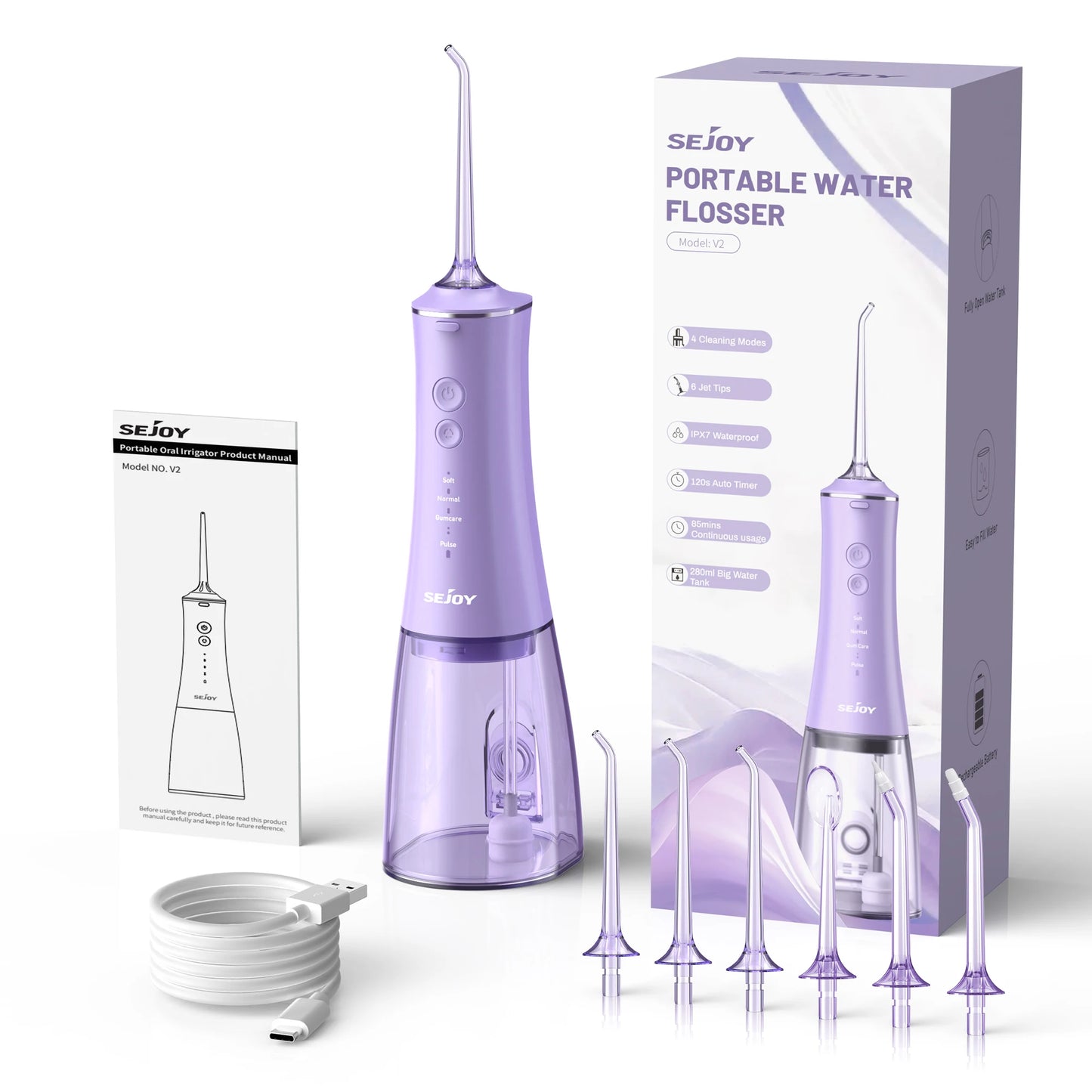 Cordless Water Flosser | 280ml Portable Oral Irrigator | 4 Modes, 6 Tips, USB Rechargeable | 30-Day Battery & IPX7 Waterproof for Deep Dental Cleaning Purple