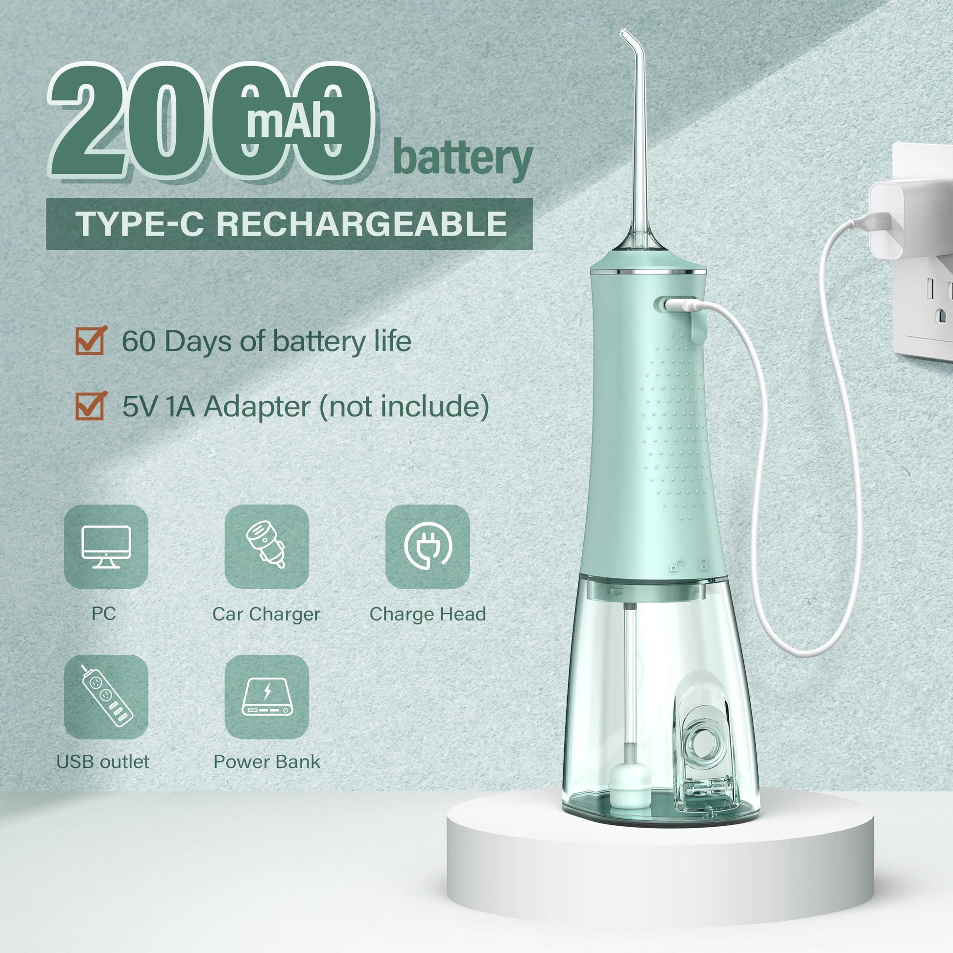 Cordless Water Flosser | 280ml Portable Oral Irrigator | 4 Modes, 6 Tips, USB Rechargeable | 30-Day Battery & IPX7 Waterproof for Deep Dental Cleaning