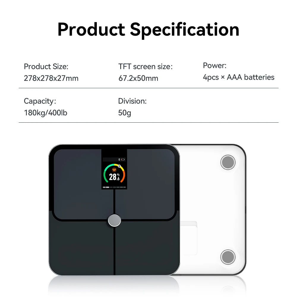 Smart Body Fat Scale with TFT Color Display | 16 Metrics, Heart Rate, Bluetooth App Sync, Tempered Glass & 400 lb Capacity