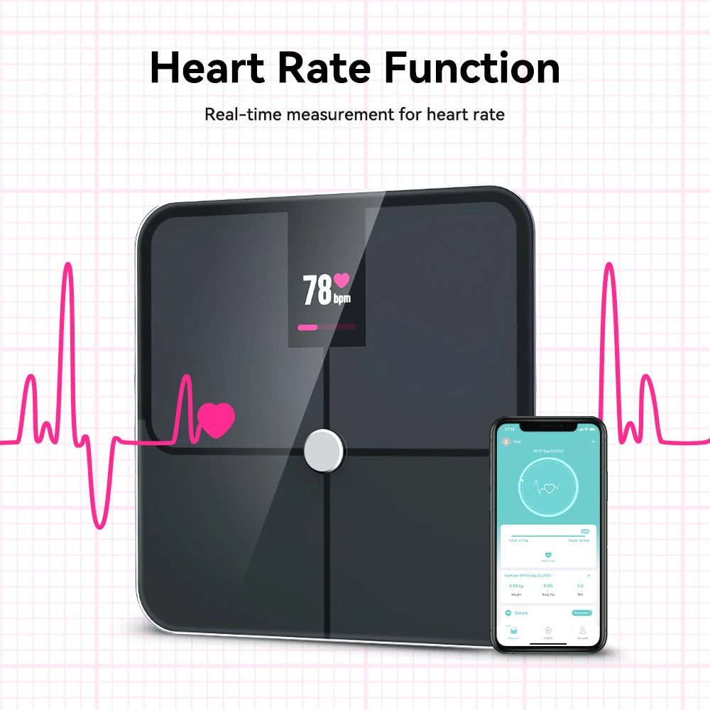 Smart Body Fat Scale with TFT Color Display | 16 Metrics, Heart Rate, Bluetooth App Sync, Tempered Glass & 400 lb Capacity