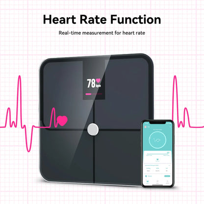 Smart Body Fat Scale with TFT Color Display | 16 Metrics, Heart Rate, Bluetooth App Sync, Tempered Glass & 400 lb Capacity