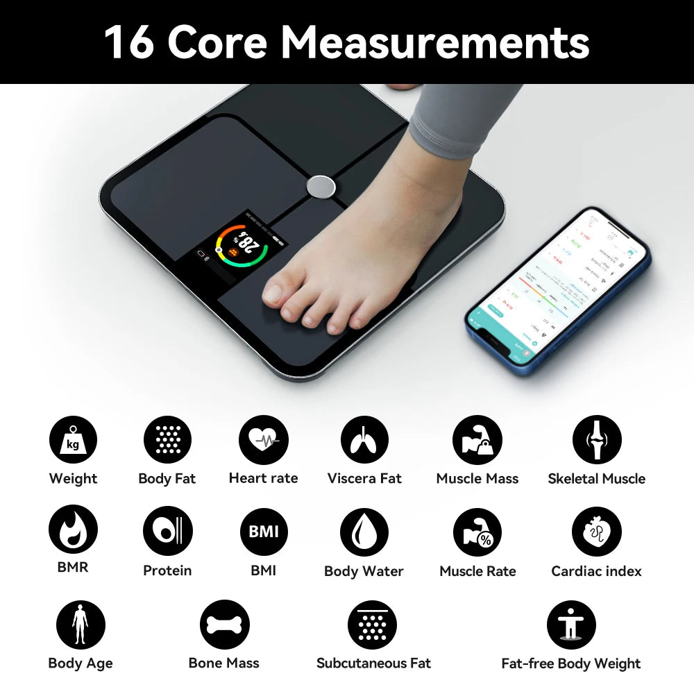 Smart Body Fat Scale with TFT Color Display | 16 Metrics, Heart Rate, Bluetooth App Sync, Tempered Glass & 400 lb Capacity