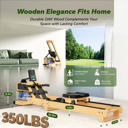 Oak Wood Water Rowing Machine with 12-Blade Resistance | 350 lb Capacity, Bluetooth LCD, 15L Tank & Upright Storage