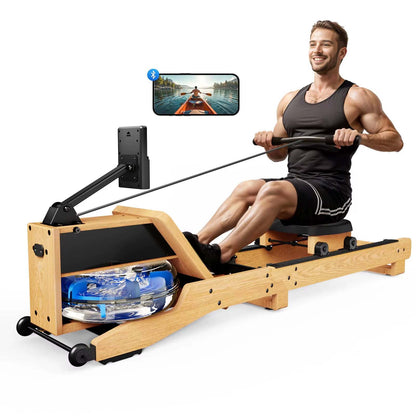 Oak Wood Water Rowing Machine with 12-Blade Resistance | 350 lb Capacity, Bluetooth LCD, 15L Tank & Upright Storage RED OAK WOOD