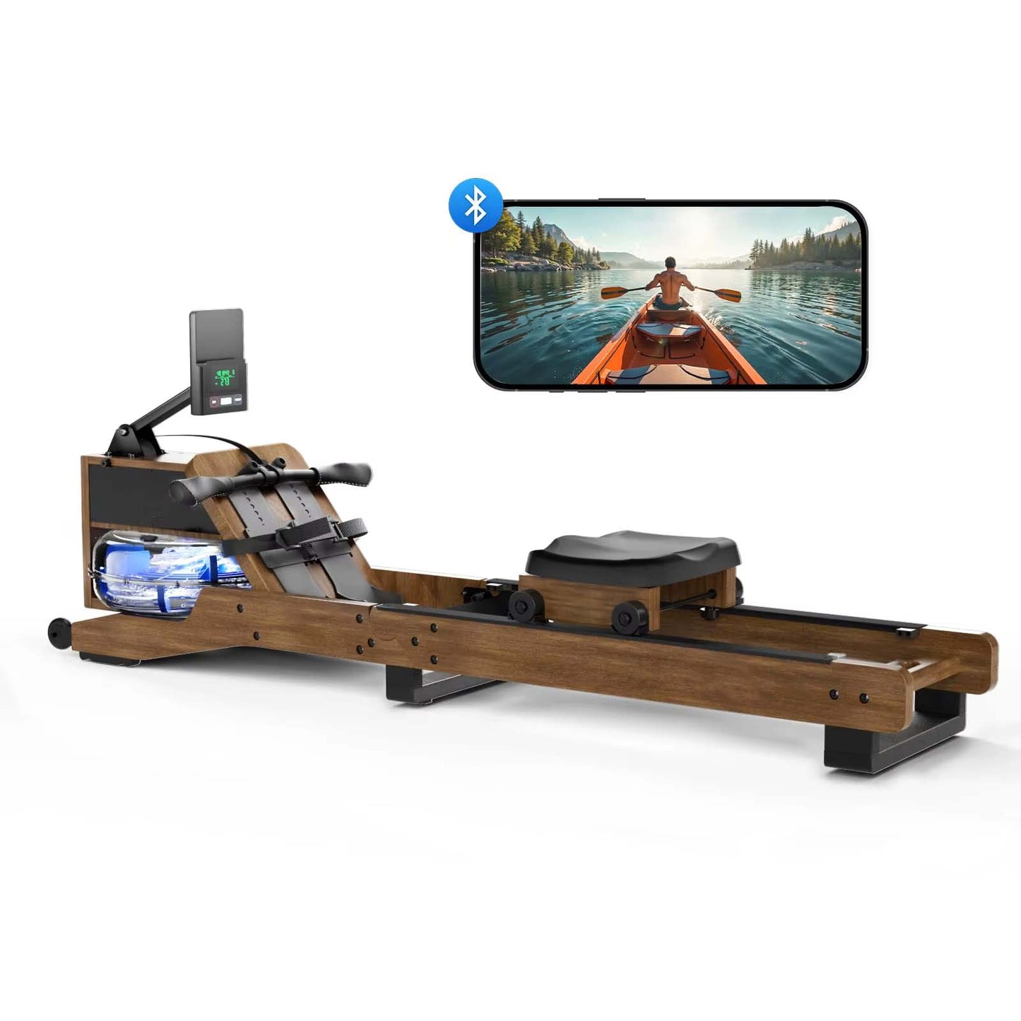 Oak Wood Water Rowing Machine with 12-Blade Resistance | 350 lb Capacity, Bluetooth LCD, 15L Tank & Upright Storage SOLID WOOD