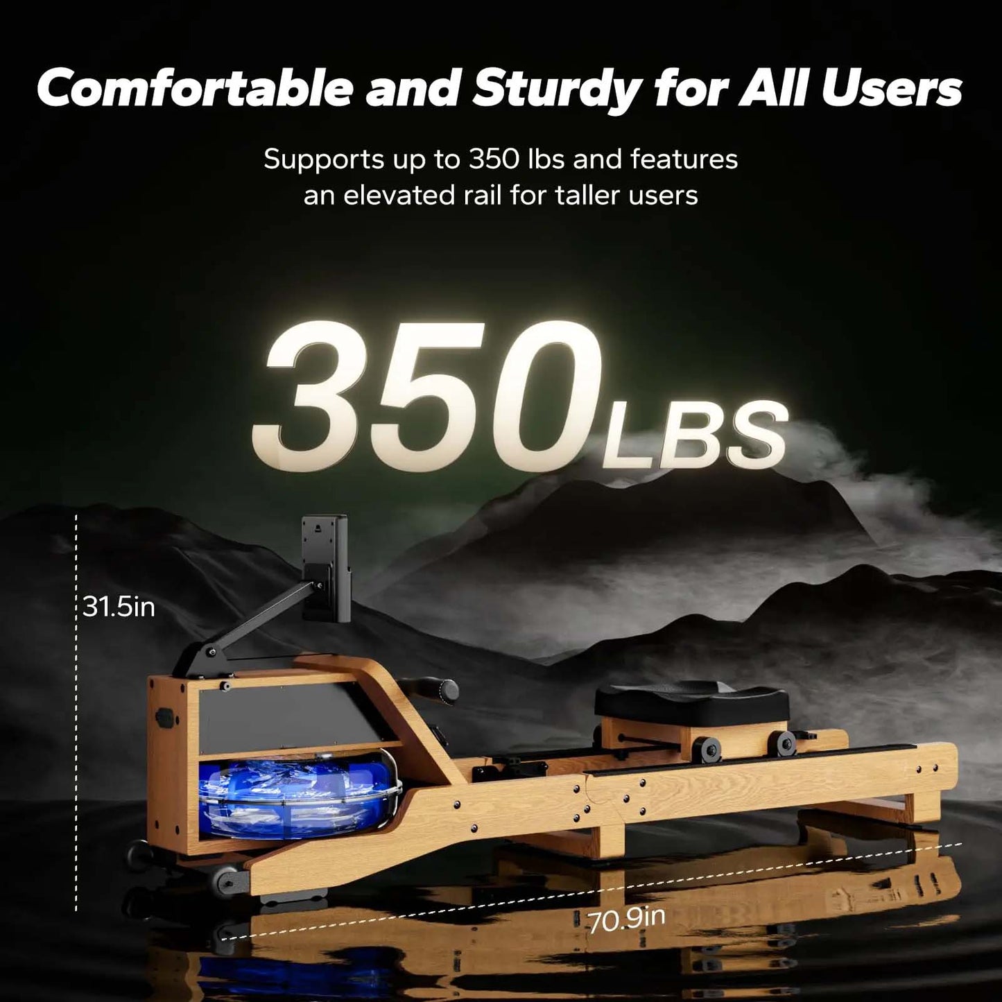 Oak Wood Water Rowing Machine with 12-Blade Resistance | 350 lb Capacity, Bluetooth LCD, 15L Tank & Upright Storage