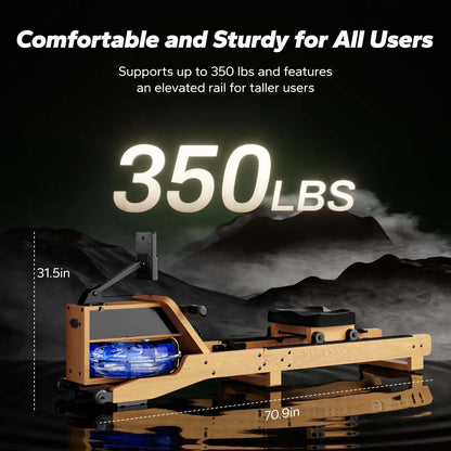 Oak Wood Water Rowing Machine with 12-Blade Resistance | 350 lb Capacity, Bluetooth LCD, 15L Tank & Upright Storage